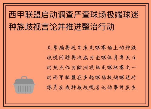 西甲联盟启动调查严查球场极端球迷种族歧视言论并推进整治行动